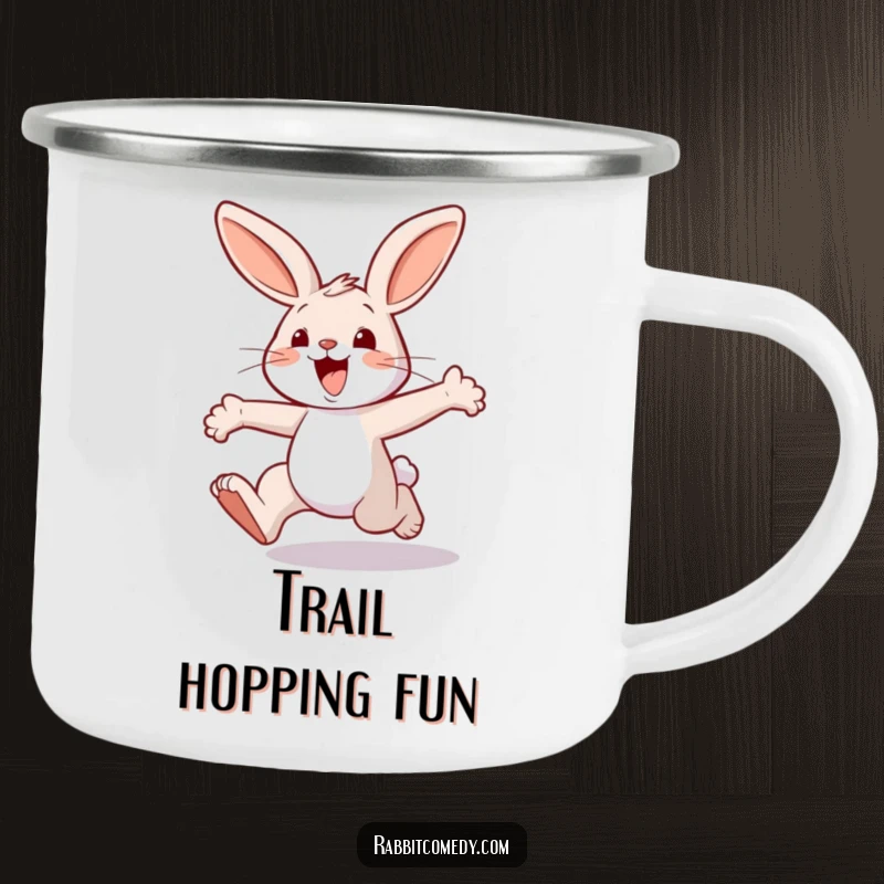 Funny rabbit camping mug, showing an energetic character joyfully hopping with exaggerated leaps, perfect for outdoor fun.