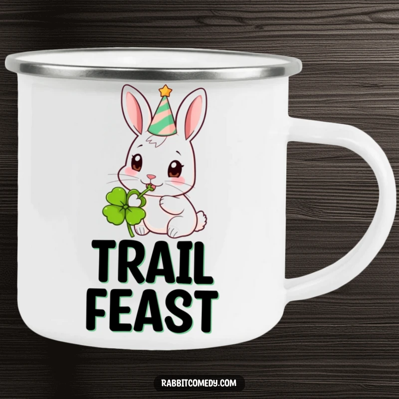 Funny Party Rabbit Camping Mug: Enamel mug depicting a rabbit in a party hat happily eating a clover.