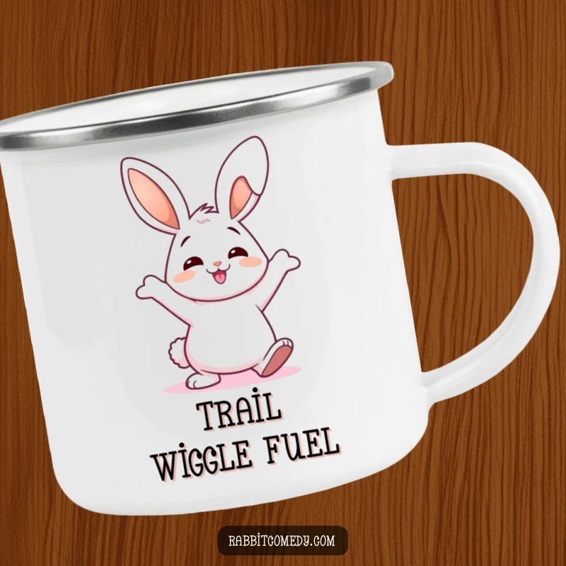 Funny Camping Mug showing a happy rabbit performing a silly, wiggly ear dance, ideal for outdoor adventures and cheerful sips.