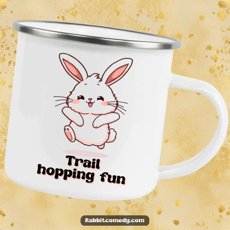 Funny rabbit camping mug showcasing a fluffy character mid-hop with joyful bounce and twitching ears, embodying outdoor cheer.