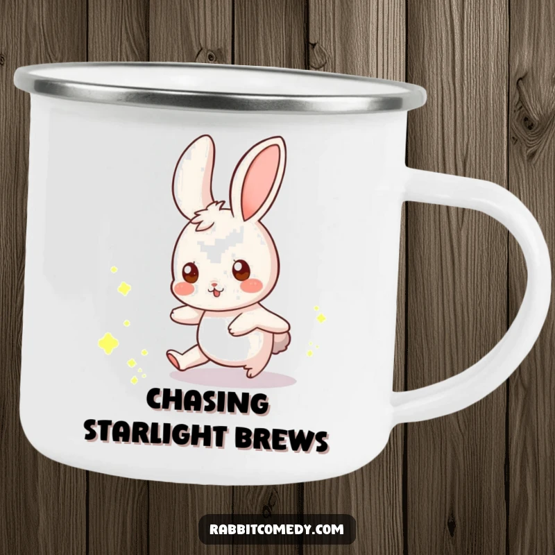 Funny rabbit camping mug showing a whimsical rabbit playfully chasing a scattering of glowing dust motes.