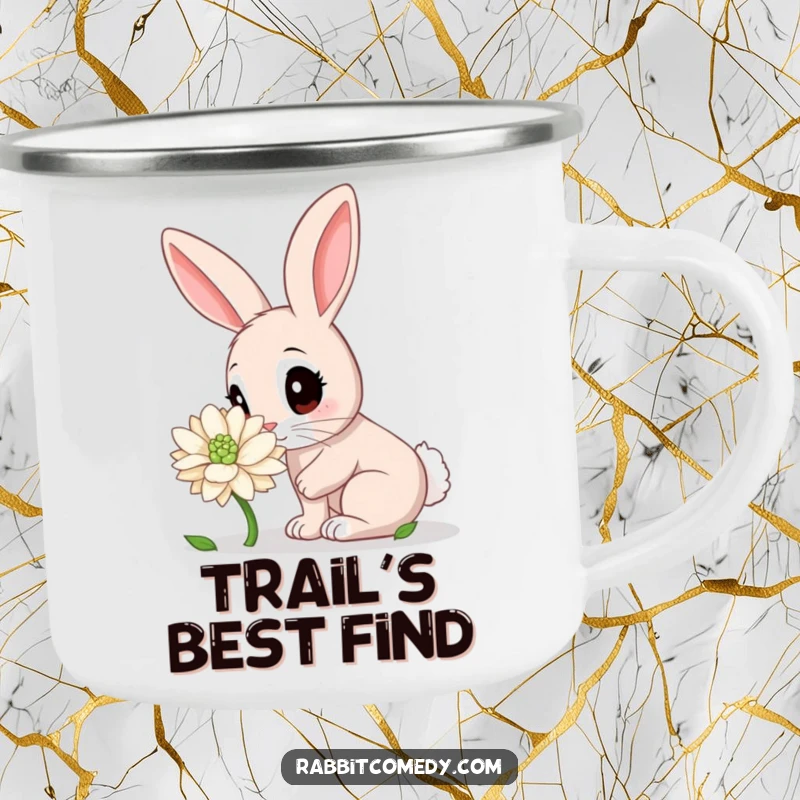 Funny Rabbit Camping Mug: A curious rabbit sniffing a giant dew-kissed clover, perfect for enjoying drinks outdoors with a smile.