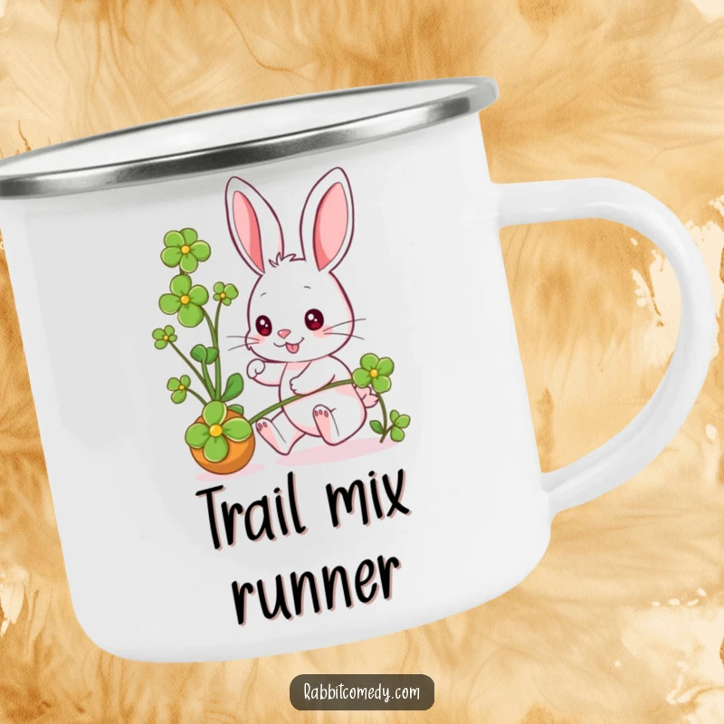 Funny rabbit character energetically chasing a clover, eyes full of glee, on a sturdy camping mug.