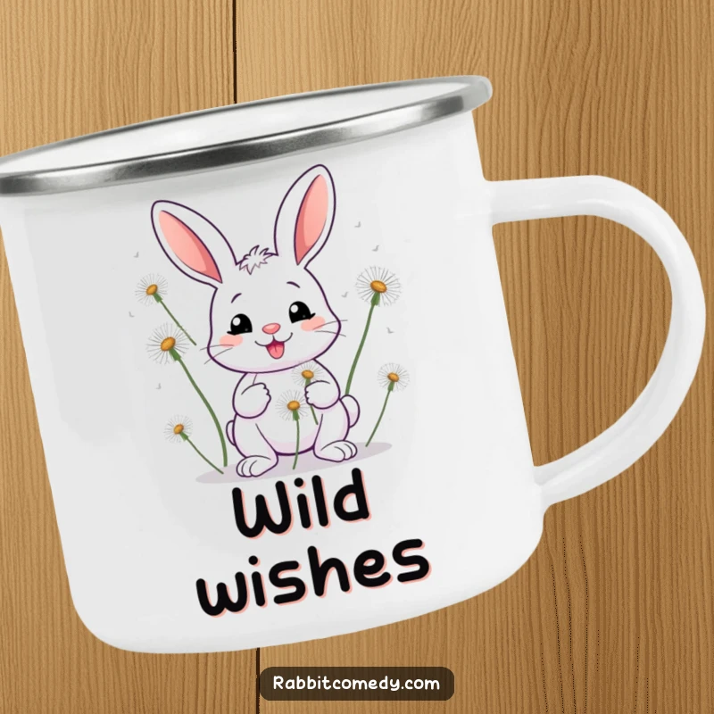 Funny Rabbit Dandelion Camping Mug: Enamel mug showing a smiling rabbit juggling large dandelion seed heads.