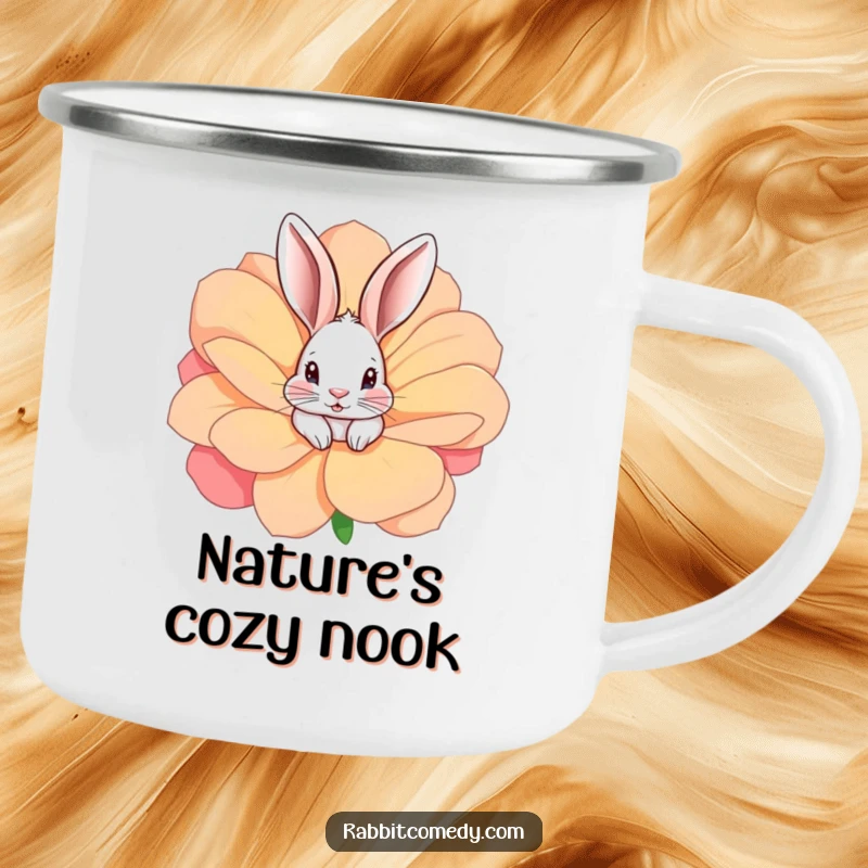 Funny rabbit peeking from a huge, colorful flower, perfect for outdoor sipping on this camping mug.