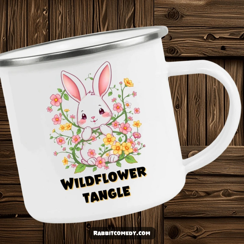 Funny camping mug showing a rabbit charmingly tangled in a whimsical vine of flowers, ideal for nature lovers with a sense of humor.