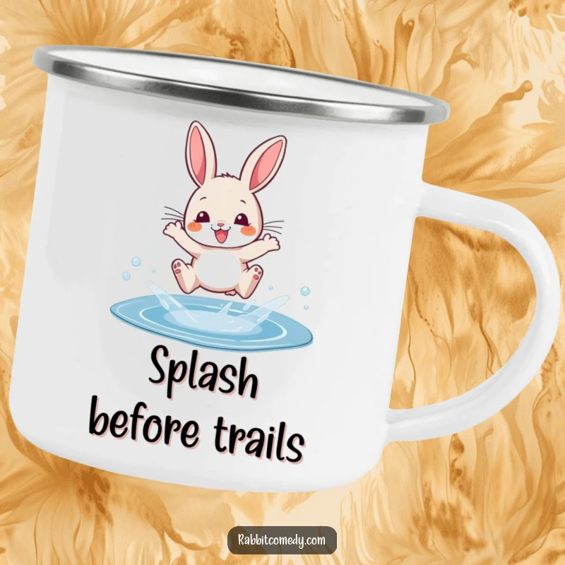 Funny camping mug showing a cartoon rabbit heroically splashing over a small, sparkling puddle on a trail.