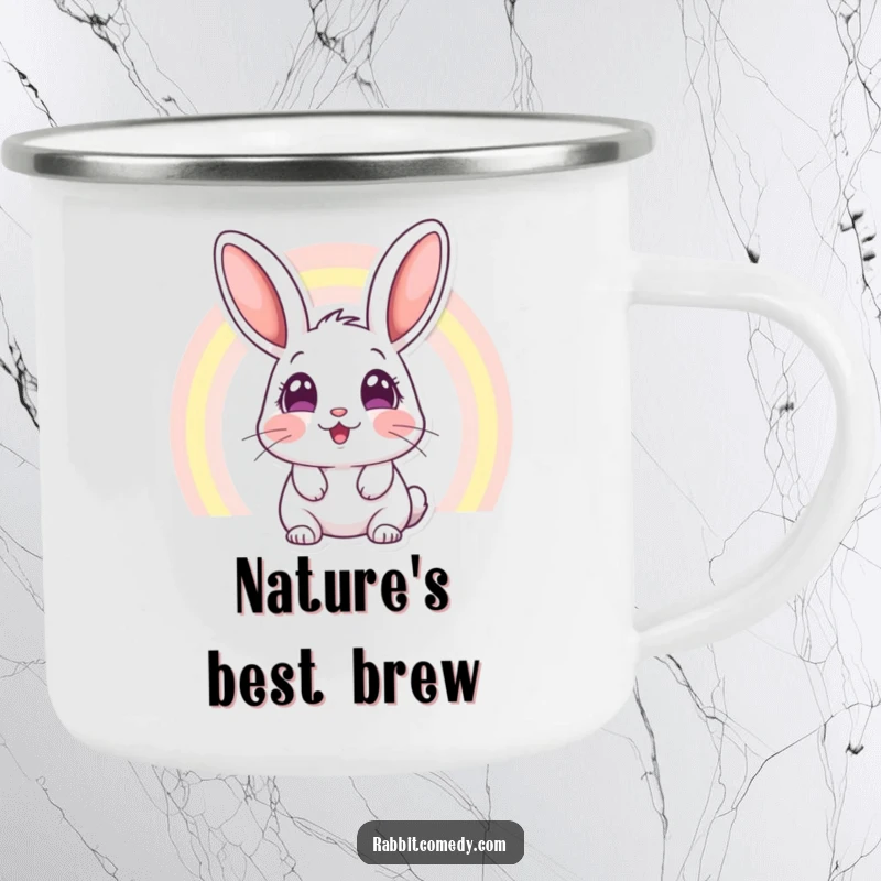 Funny camping mug showing a rabbit with wide, amazed eyes looking at a rainbow, durable for outdoor adventures and hot beverages.