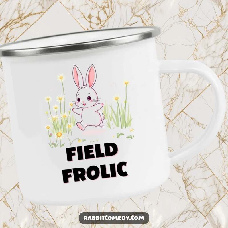 Funny rabbit camping mug, playfully hopping through oversized sparkling dandelions, perfect for outdoor enchantment.