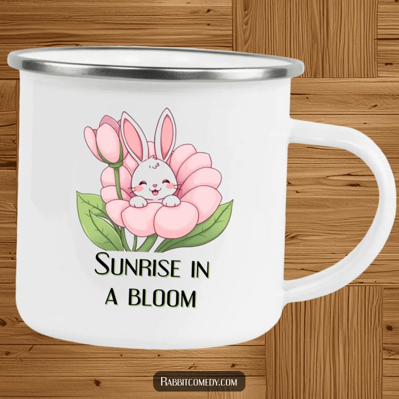 Funny rabbit peeking from a giant flower, happy wiggle, durable cartoon camping mug, perfect humorous outdoor gift.