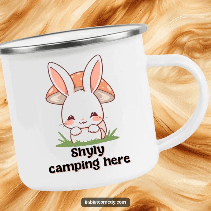 Funny shy rabbit camping mug featuring a bunny hiding behind a mushroom with a shy smile, perfect for nature lovers.