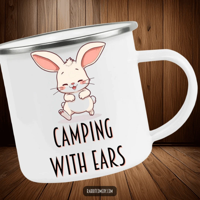 Funny camping mug showing a cartoon rabbit comically stumbling with oversized floppy ears, designed for rugged humor outdoors.