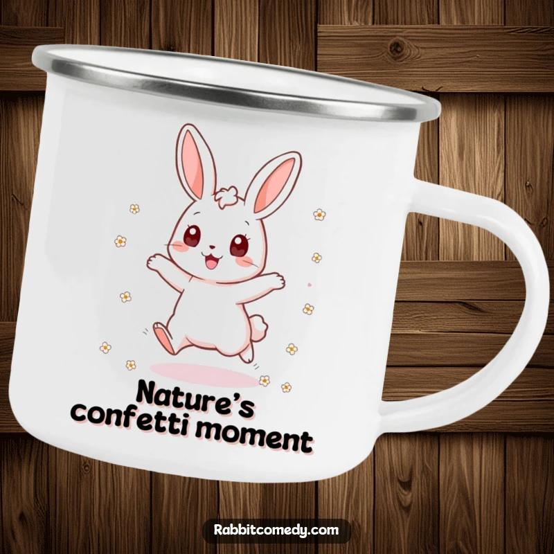 Funny rabbit camping mug with an excited bunny jumping and scattering flowers, perfect for enjoying drinks outdoors with a burst of cheerful energy.