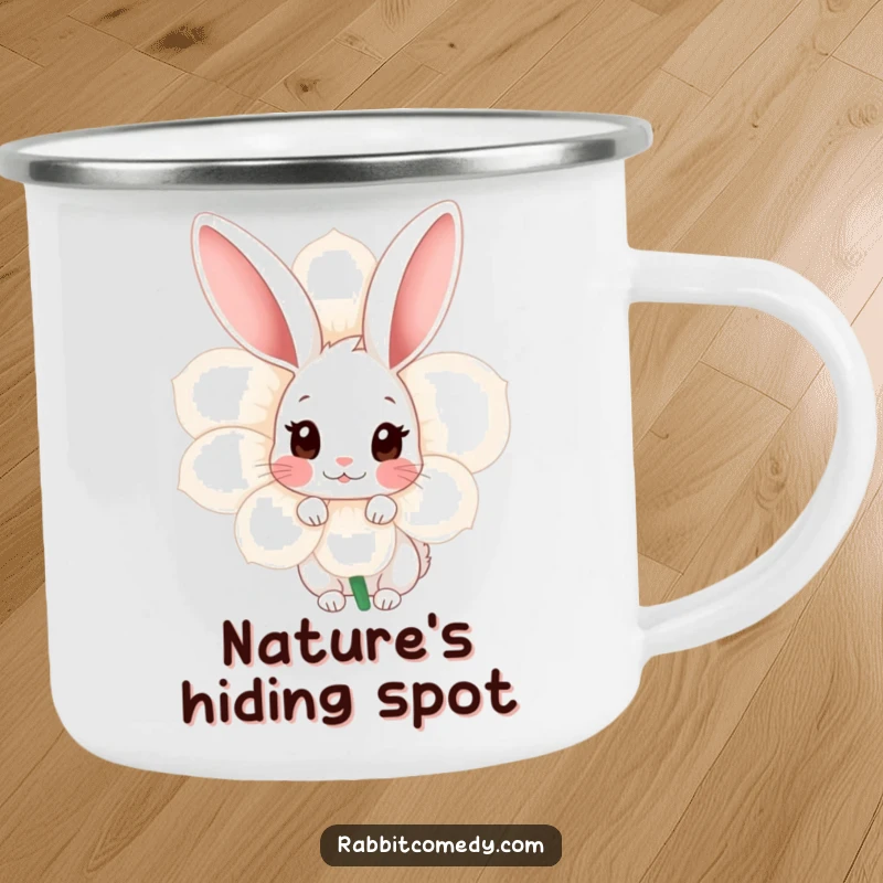 Funny Shy Rabbit Camping Mug: A durable mug shows a shy rabbit peeking from behind a flower, perfect for gentle outdoor moments.