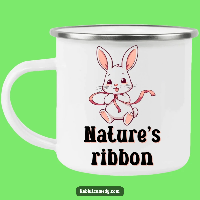 Funny Rabbit Ribbon Twirl Enamel Mug: Durable & Joyful Outdoor Gift