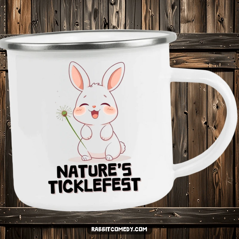 Funny rabbit camping mug, a sturdy enamel mug with a giggling bunny being tickled by a dandelion puff, ready for the trail.