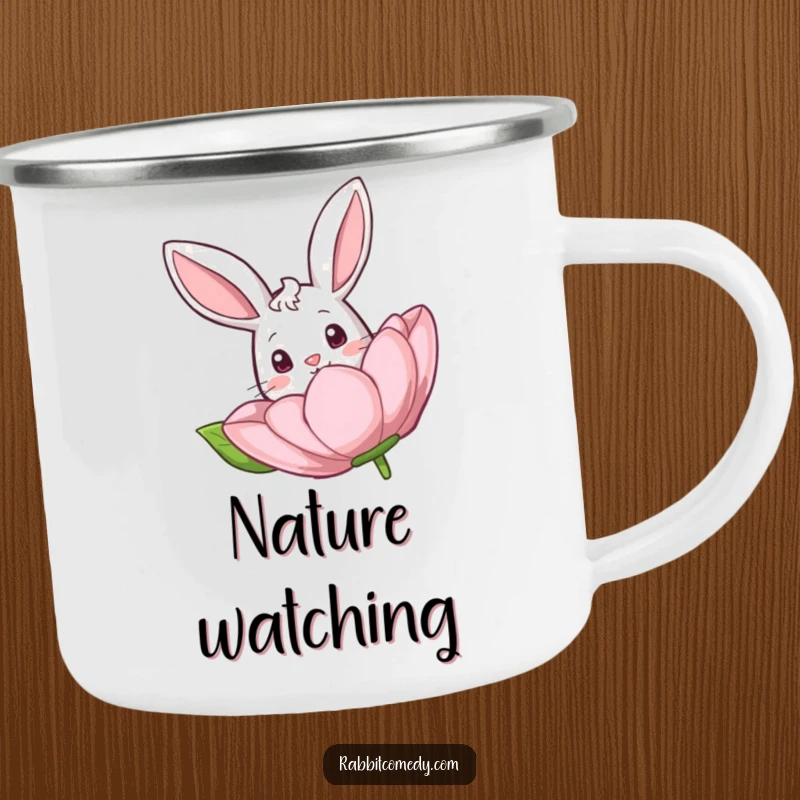 Funny Rabbit Flower Camping Mug: Enamel mug featuring a curious rabbit peeking from a large, whimsical flower.