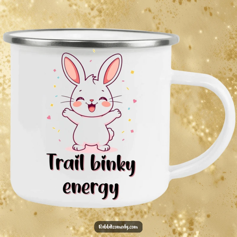 Funny Rabbit Camping Mug: A happy rabbit performs an excited binky, leaving a cloud of confetti, perfect for outdoor enjoyment and festive moments.