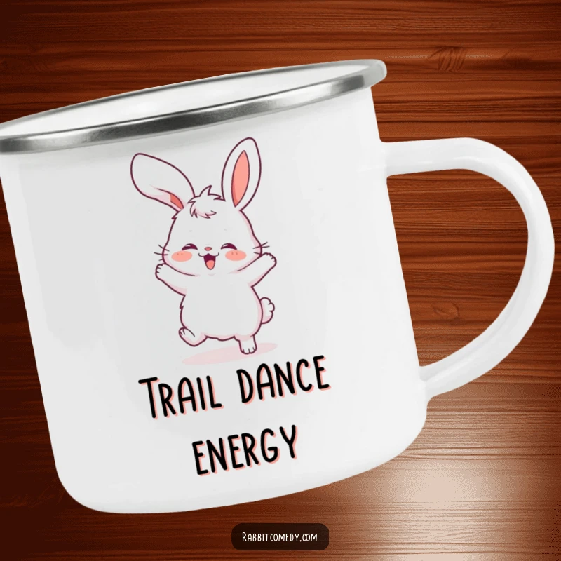 Funny camping mug depicting a fluffy rabbit enthusiastically doing a silly dance, its floppy ears adding to the outdoor fun.