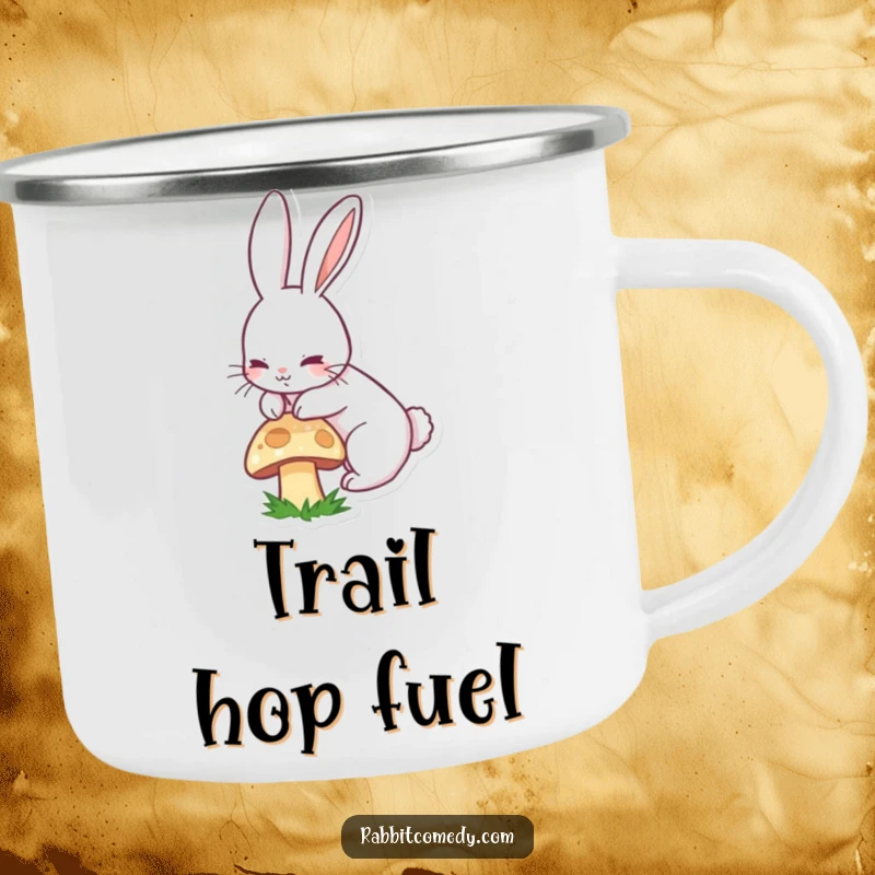 Funny camping mug with a durable enamel finish, showing a long-eared rabbit boinging over a mushroom.