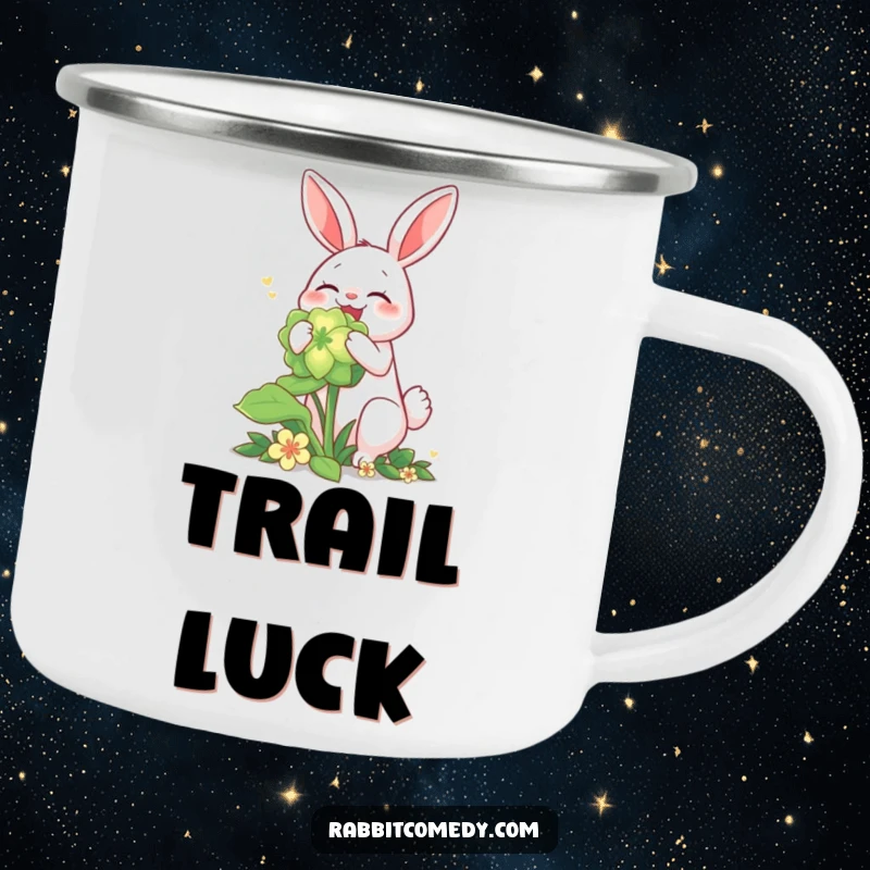 Funny rabbit camping mug, joyfully munching a giant glowing clover, perfect for outdoor enchantment.