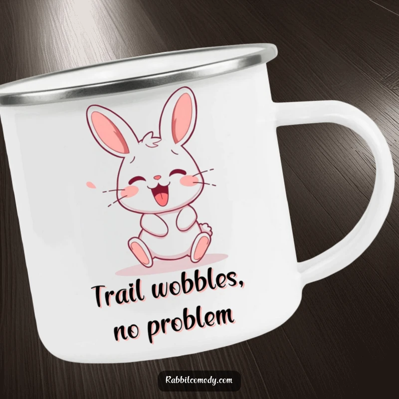 Funny rabbit character stumbling slightly then squeaking happily upon recovery, perfect for outdoor sipping on this camping mug.