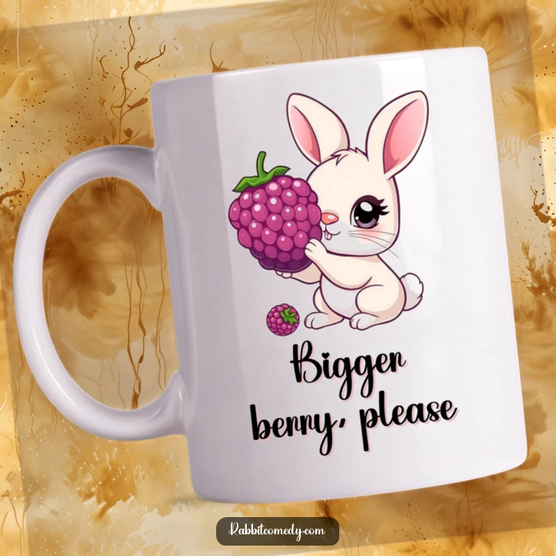 Funny Mug featuring a rabbit with oversized, curious eyes nibbling a giant berry, showing adorable gluttony.