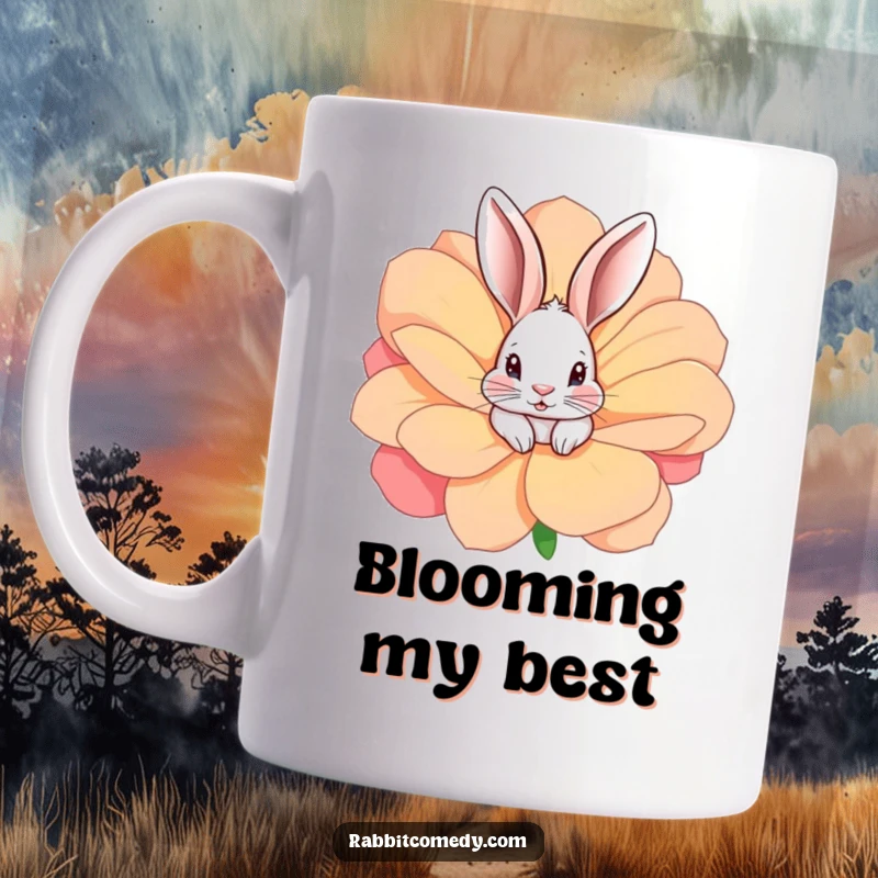 Funny rabbit peeking with curiosity from a giant, colorful flower, creating a delightful and humorous scene on this mug.