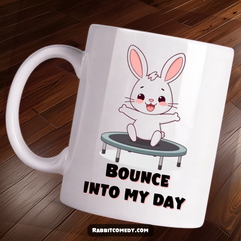 Funny rabbit mug featuring a cute character excitedly wiggling while bouncing high on a trampoline, radiating pure joy.