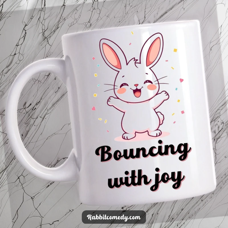 Funny Rabbit Mug: A happy rabbit performs an excited binky, leaving a joyful cloud of confetti in its wake, radiating pure bliss.