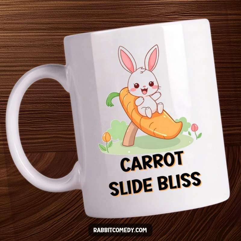 Funny mug showcasing a giddy rabbit gleefully sliding down a massive, whimsical carrot-shaped slide, embodying pure joy and excitement.