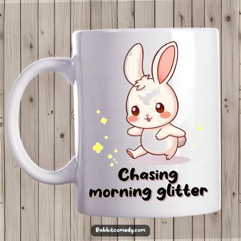 Funny rabbit mug showing a whimsical rabbit playfully chasing a scattering of glowing dust motes.