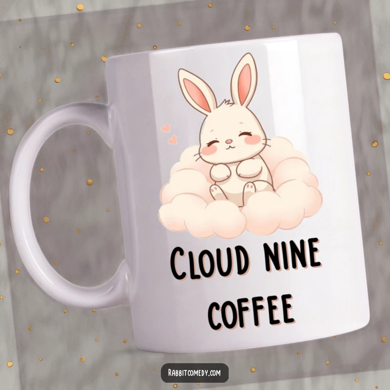Funny rabbit mug depicting a rabbit sighing contentedly, nestled peacefully among soft, fluffy clouds, radiating humorous serenity.