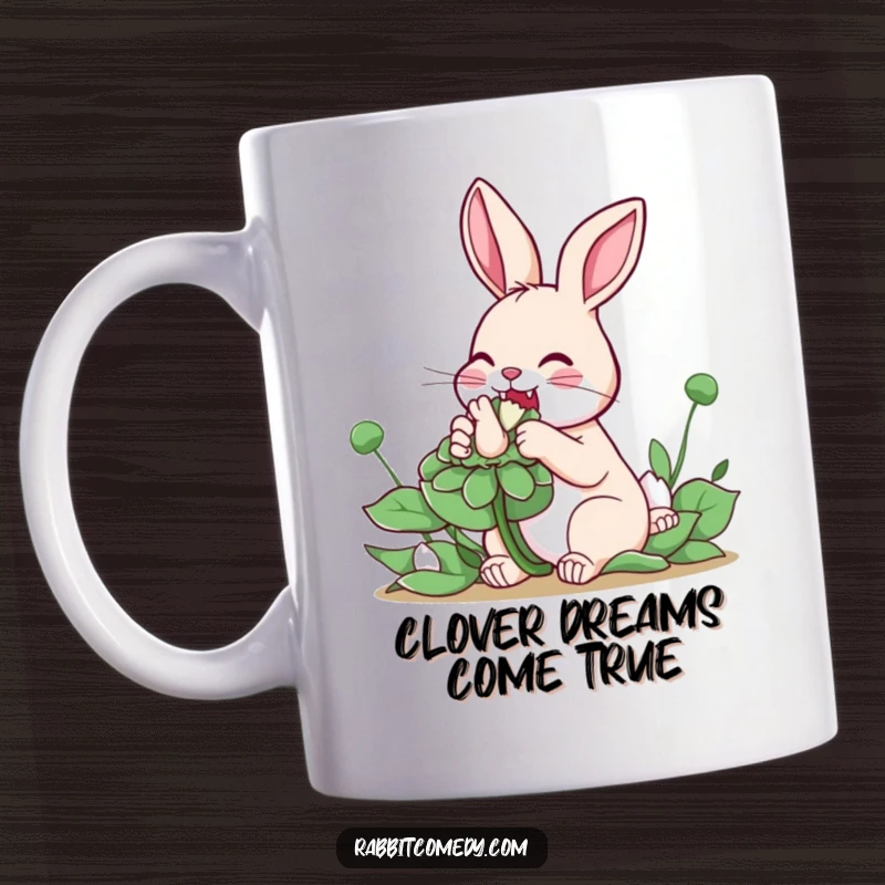 Funny Nibbling Rabbit Mug: A cheerful rabbit enthusiastically nibbles on a comically oversized clover, embodying pure delight and good fortune.