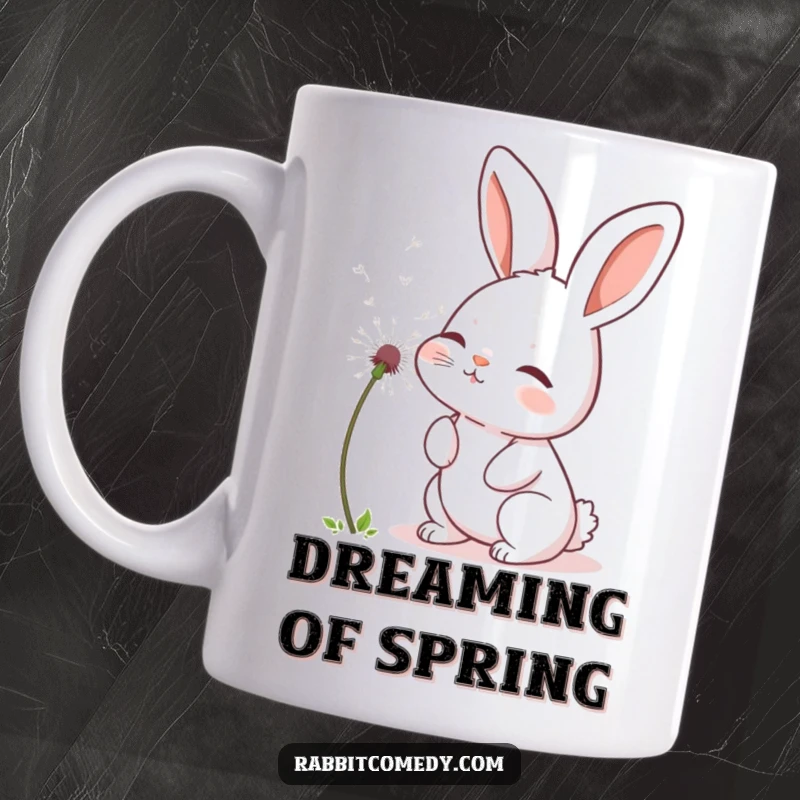 Funny rabbit mug depicting a cute rabbit gently blowing a fluffy dandelion seed, sending wishes into the wind.