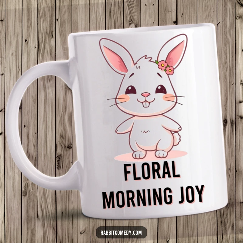 Funny rabbit mug showing a rabbit with a goofy grin, wearing a tiny flower crown, joyfully twirling with humorous charm.