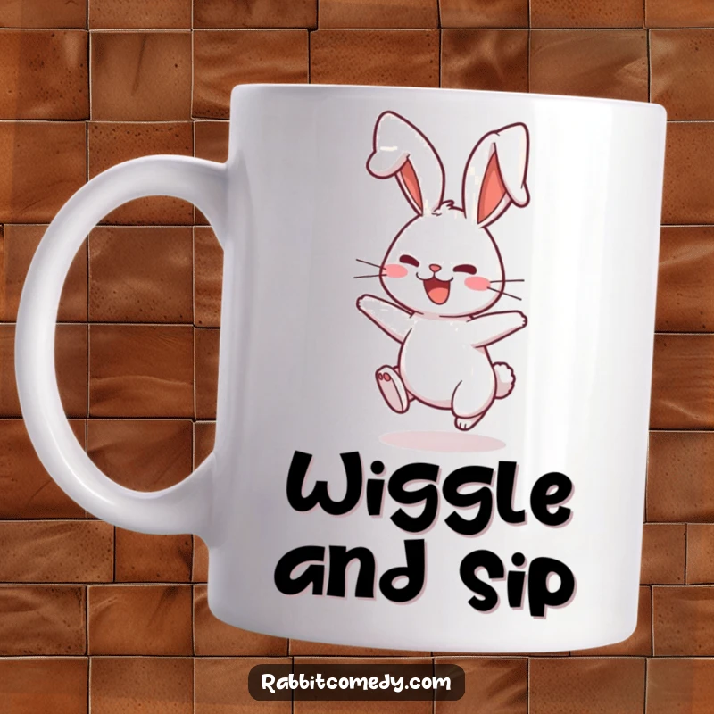Funny Mug featuring a rabbit character playfully bouncing with comically floppy ears, radiating cheerful, bouncy energy.