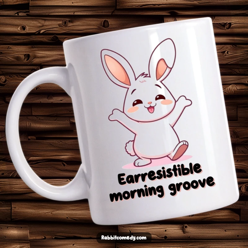 Funny Mug featuring a happy rabbit doing a silly, wiggly dance, spreading joy and humor with its energetic ear movements.