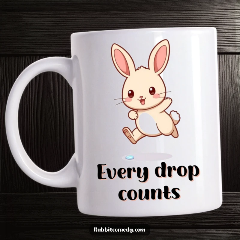 Funny rabbit mug with a determined expression, joyfully hopping over a sparkling dewdrop, showcasing perseverance with a smile.
