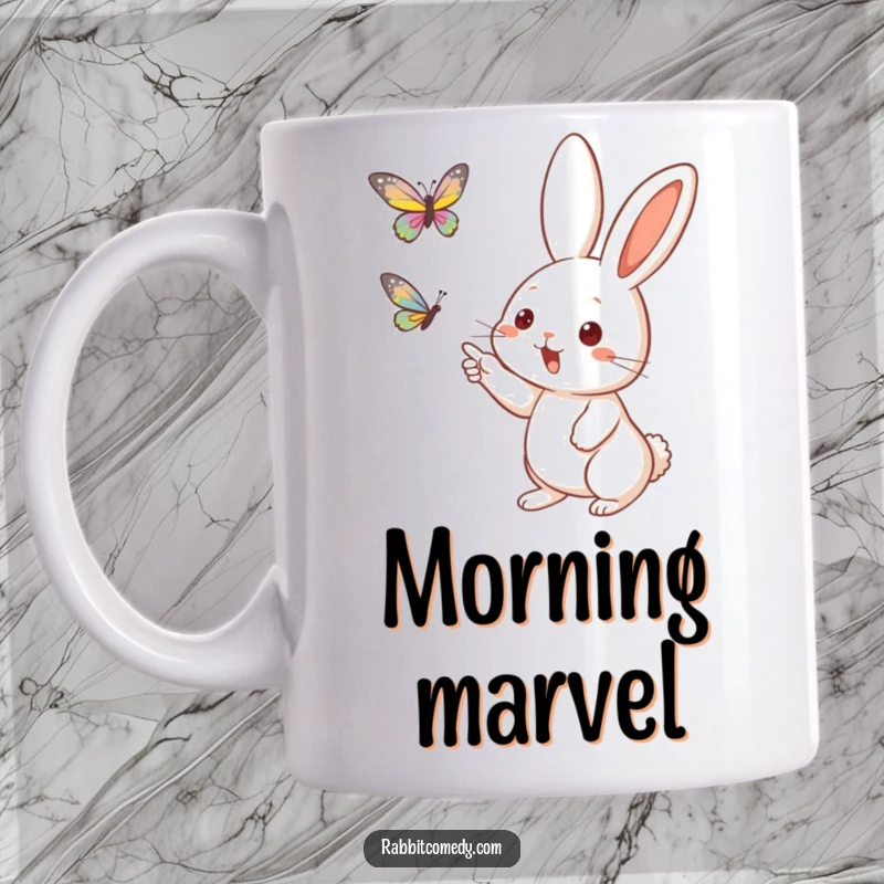 Funny Excited Rabbit Butterfly Mug: A rabbit excitedly points with its whiskers towards a colorful hovering butterfly.