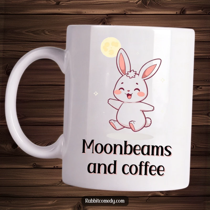 Funny mug featuring a gleeful cartoon rabbit spinning joyfully beneath a sparkling, glittery moon, evoking enchantment and happiness.