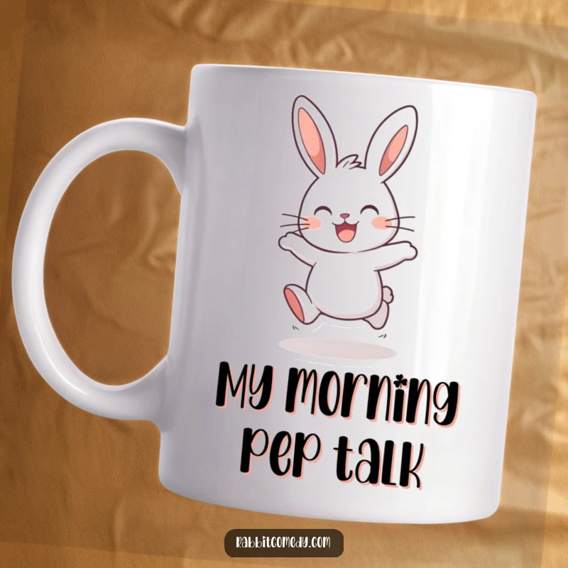Funny rabbit mug featuring a cheerful bunny, ears high, joyfully hopping with boundless energy and a happy expression.