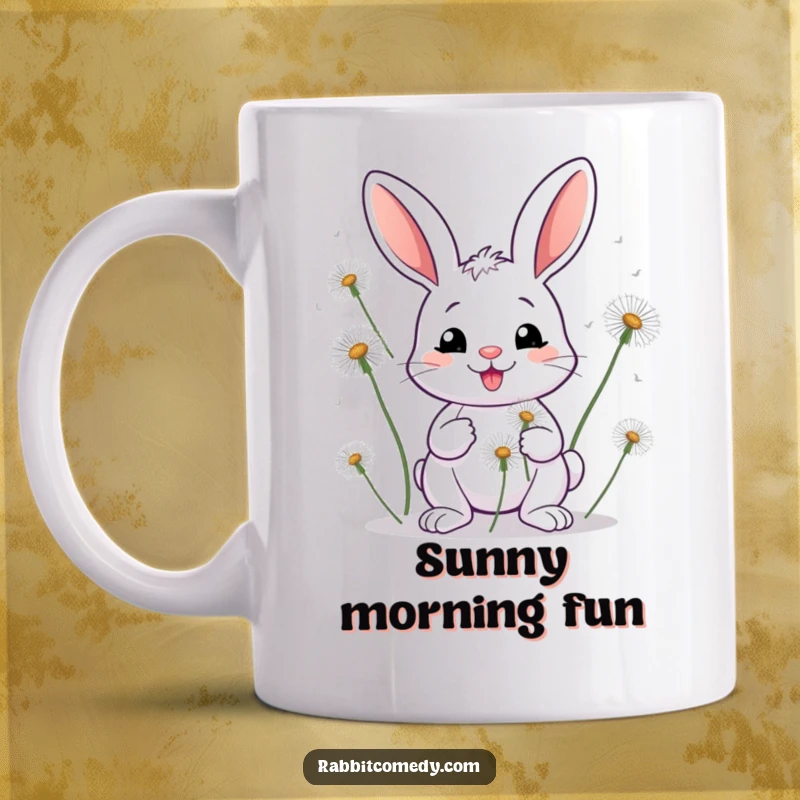 Funny Juggling Rabbit Dandelion Mug: A grinning rabbit skillfully juggles several oversized, fluffy dandelion seed heads.
