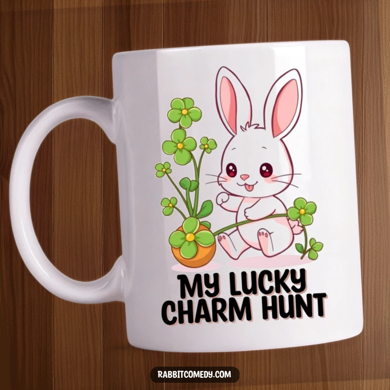 Funny rabbit character joyfully chasing a rolling clover, eyes sparkling with pure, unadulterated fun, perfect for a mug.