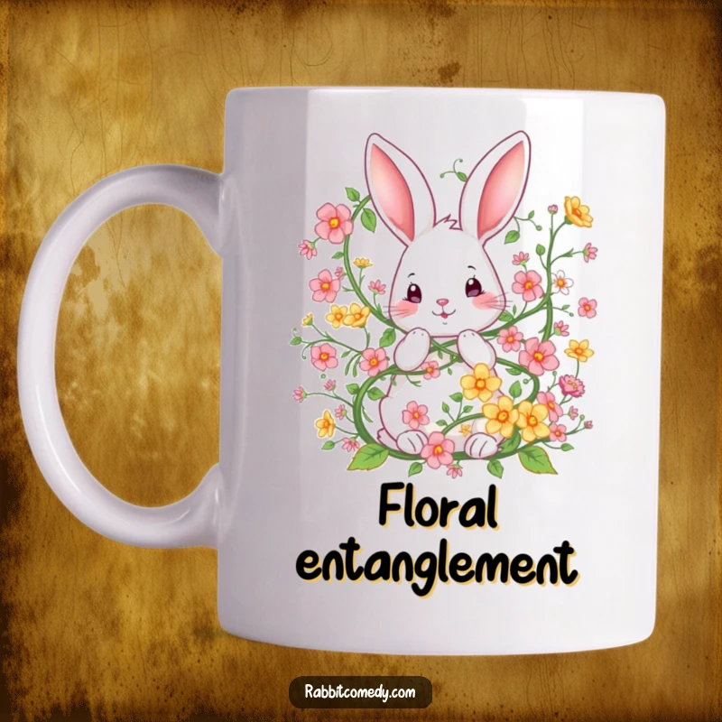 Funny mug showing a cute rabbit playfully tangled in a whimsical vine of colorful flowers, evoking a sense of gentle fun.