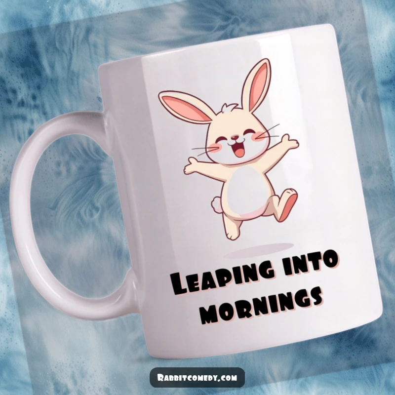 Funny rabbit mug featuring a cheerful rabbit character joyfully hopping with large, exaggerated, energetic bounds.