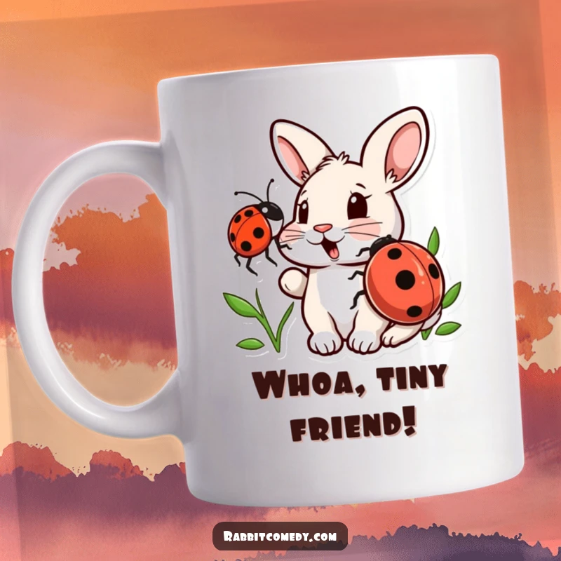 Funny mug with a wide-eyed rabbit startled by a tiny, friendly ladybug nudging its nose, creating a whimsical and amusing scene.