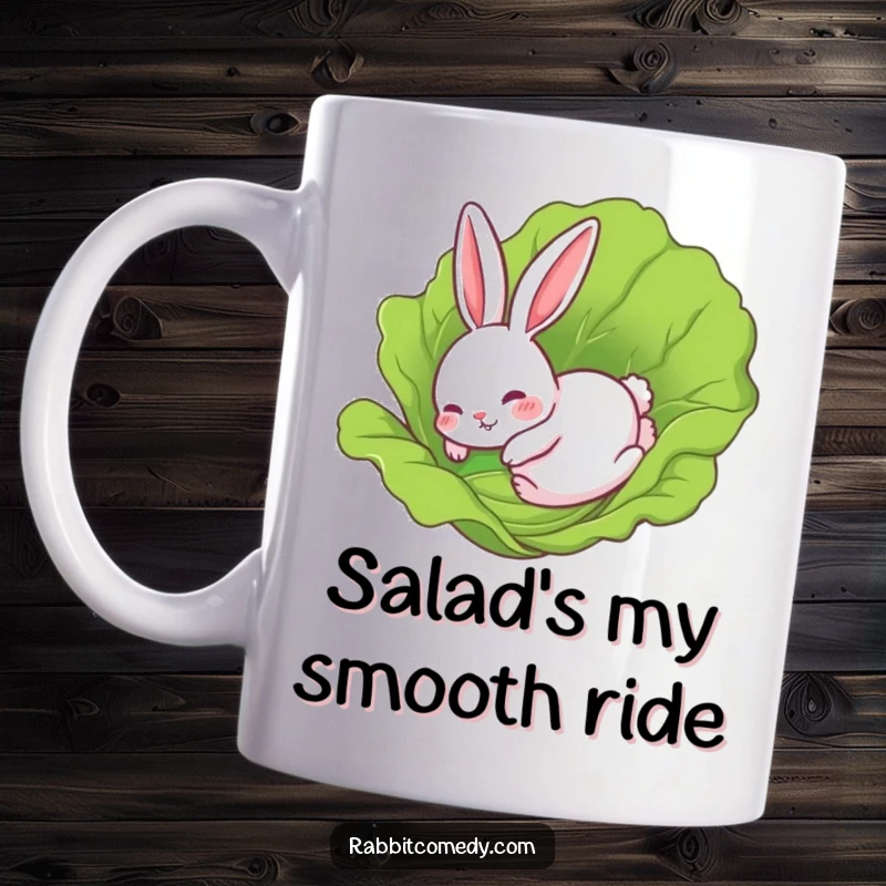 Funny Rabbit Mug: A rabbit character comically sliding on a fresh lettuce leaf, conveying pure, unadulterated silliness and joy.