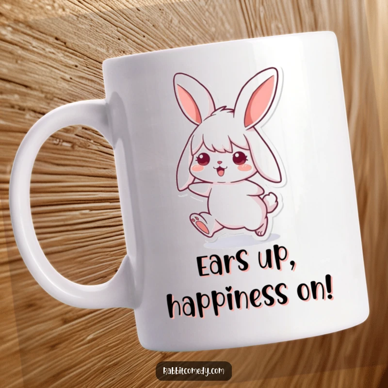 Funny rabbit mug showing a cute bunny with long, floppy ears mid-hop, expressing pure happiness and bouncy energy.