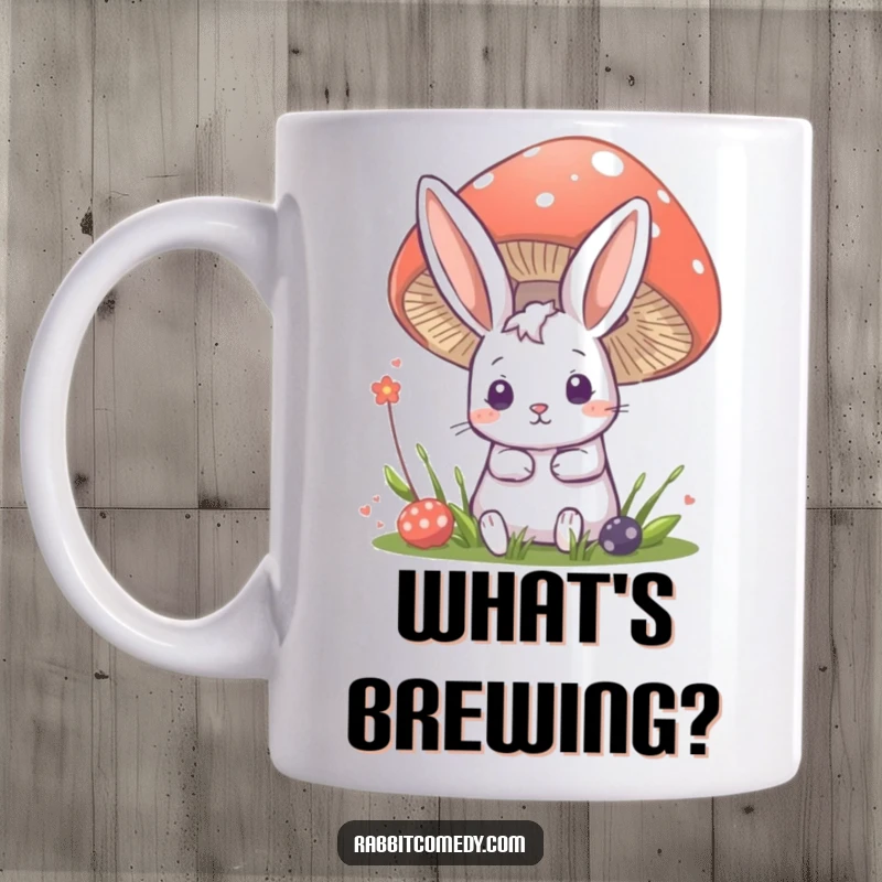 Funny rabbit mug showing a cute bunny peeking curiously from behind a large, colorful mushroom in a whimsical forest setting.
